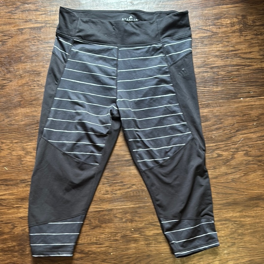 High-rise Adidas Black Capri Leggings with White Stripes